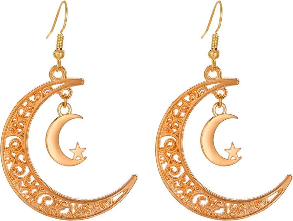 1 Paar Retro-Stern-Mond-Haken-Ohrringe, weibliche Doppelmond-Hohldesign-Tropfenohrringe im ethnischen Stil, Schmuckzubehör