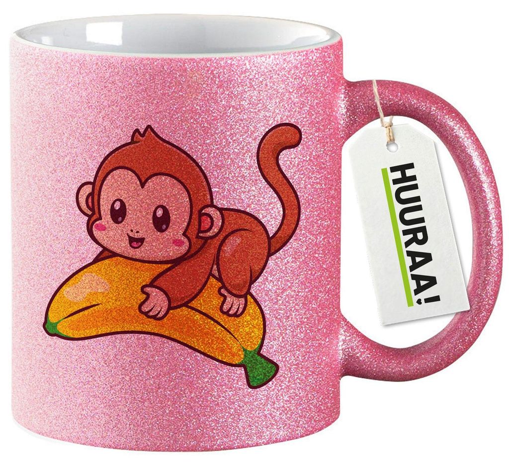 Huuraa Glitzertasse Süßer Affe Comic 330ml Pink Keramik Kaffeebecher Geschenkidee
