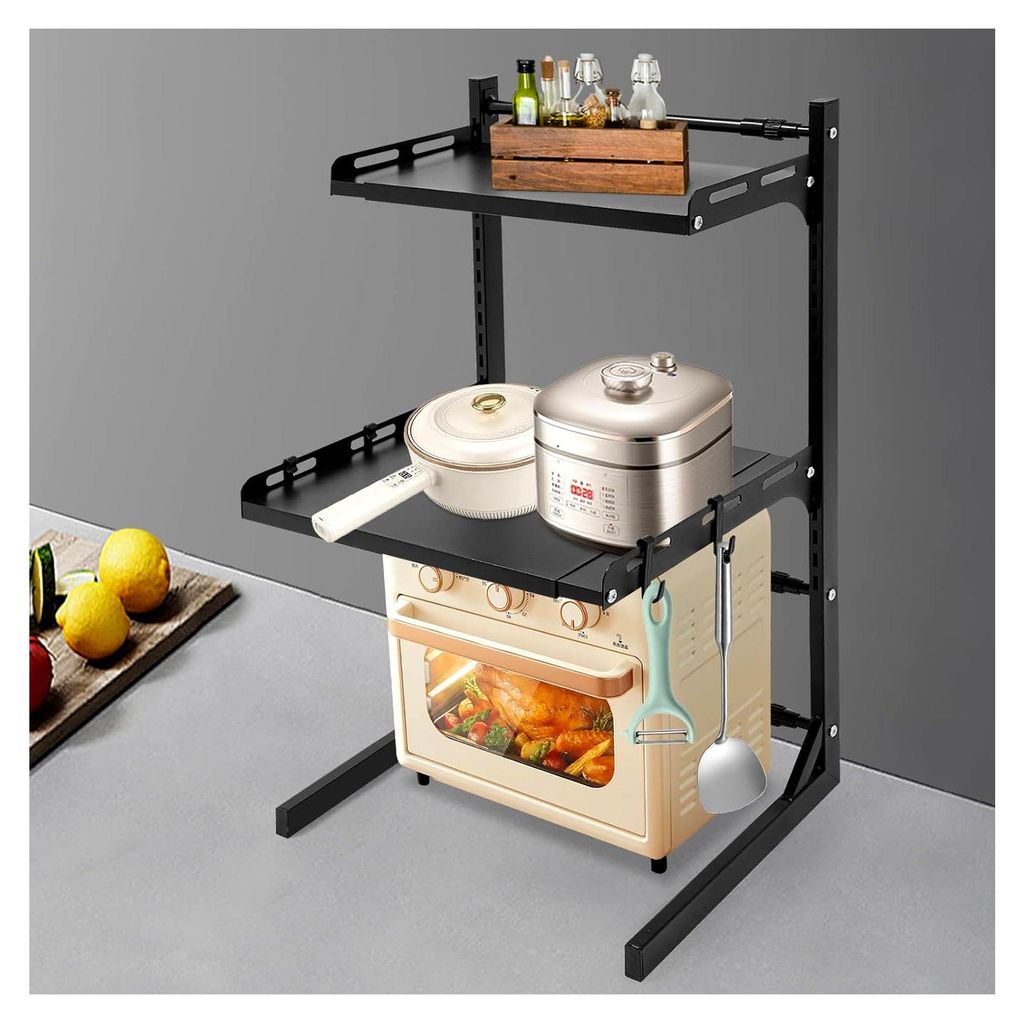 Mikrowellenregal mit verstellbarem Ständer und hängenden Haken für Küchen, Wohnzimmer und Büros (Schwarz, 3 Etagen)