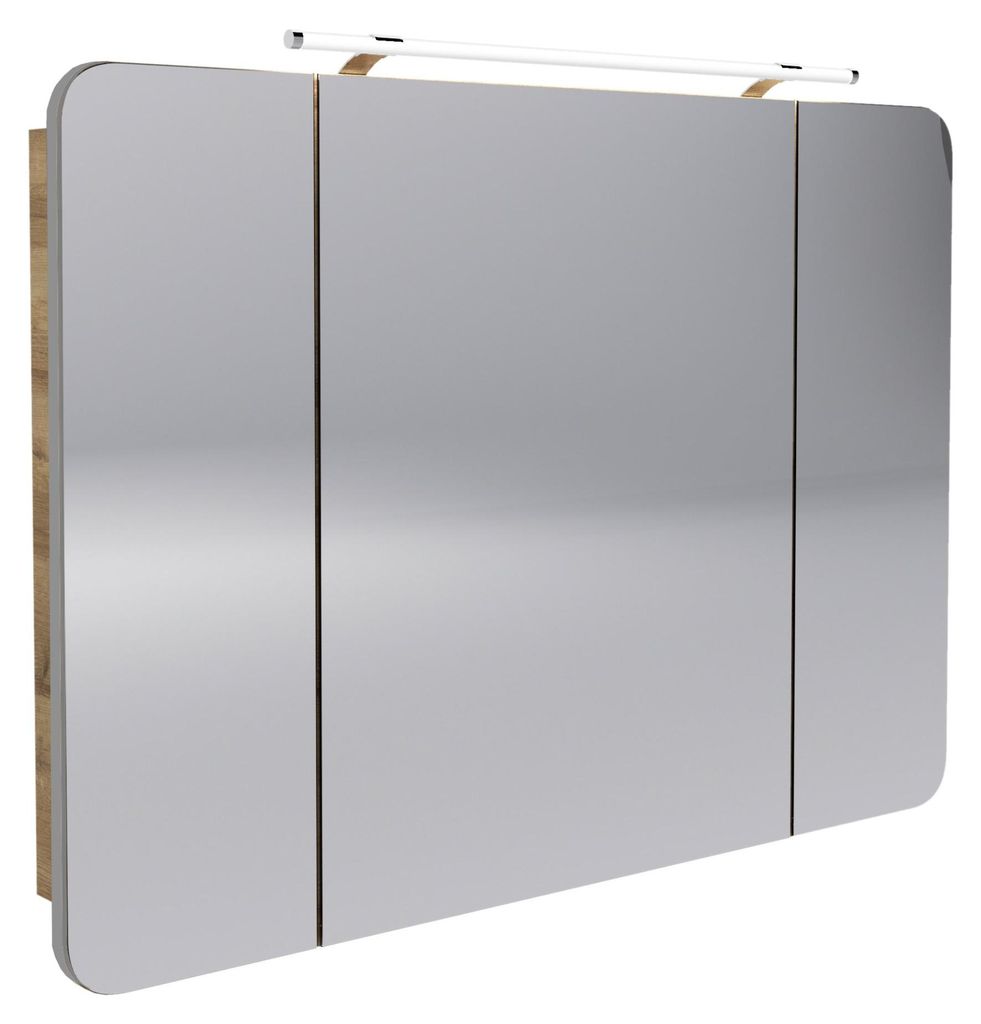 BADEDU NES LED Spiegelschrank 110 cm Braun, Badschrank mit LED Beleuchtung, Softclose und Ast Eiche Holzoptik, 3 Türen