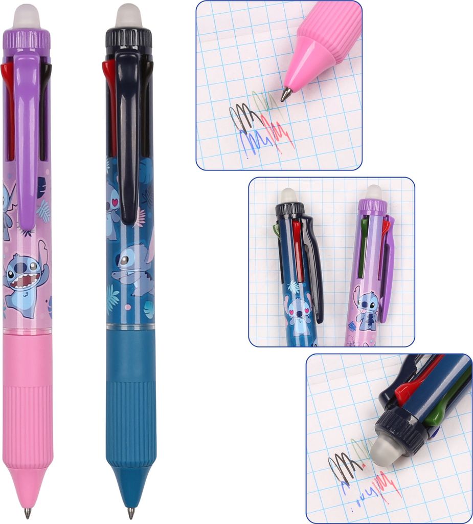 DISNEY Stitch Radierbarer Stift mit Radiergummi 4in1, automatischer Gelschreiber, löschbar, Schulstift 0,5mm