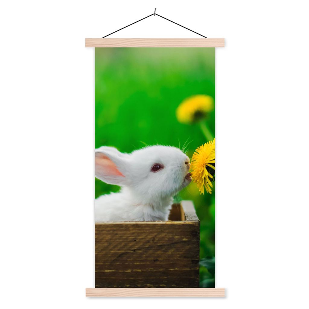 MuchoWow Textilposter Kaninchen - Löwenzahn - Gras 40x80 cm mit holzfarbenen Rahmen - Wohnzimmer