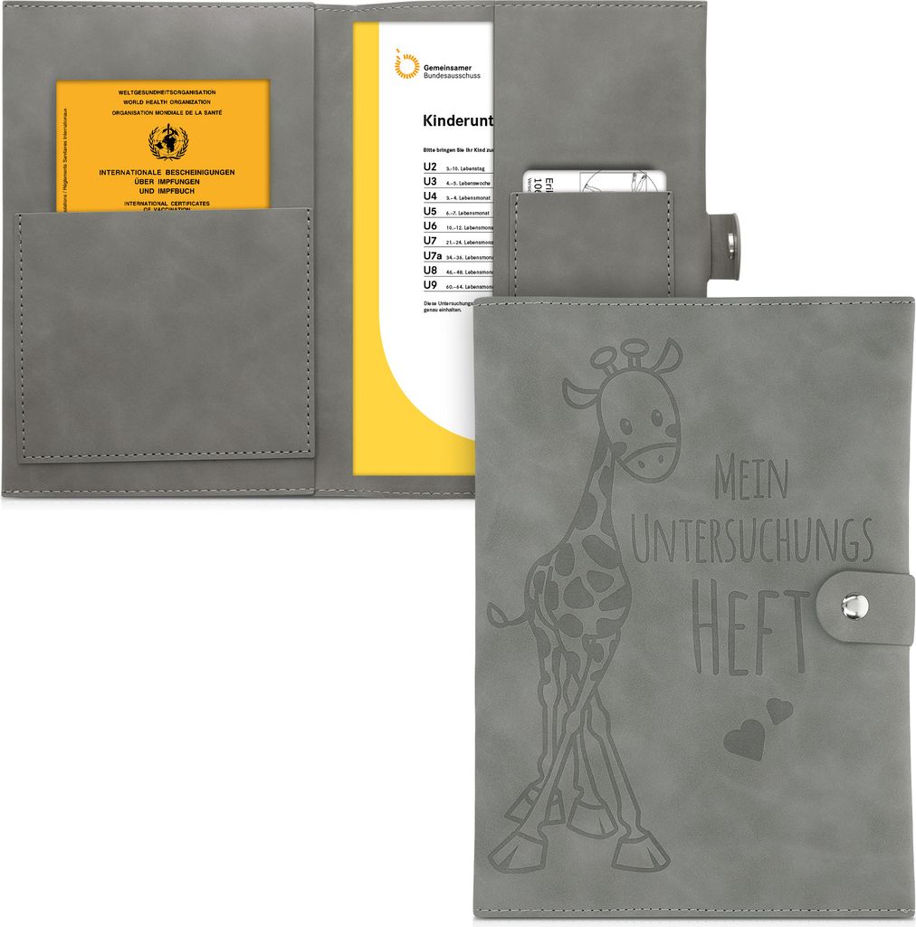 kwmobile Kunstleder Hülle für deutsches Untersuchungsheft - U-Heft Hülle und Impfpass Hülle - extra Fächer - Cover U-Heft Giraffe Grau