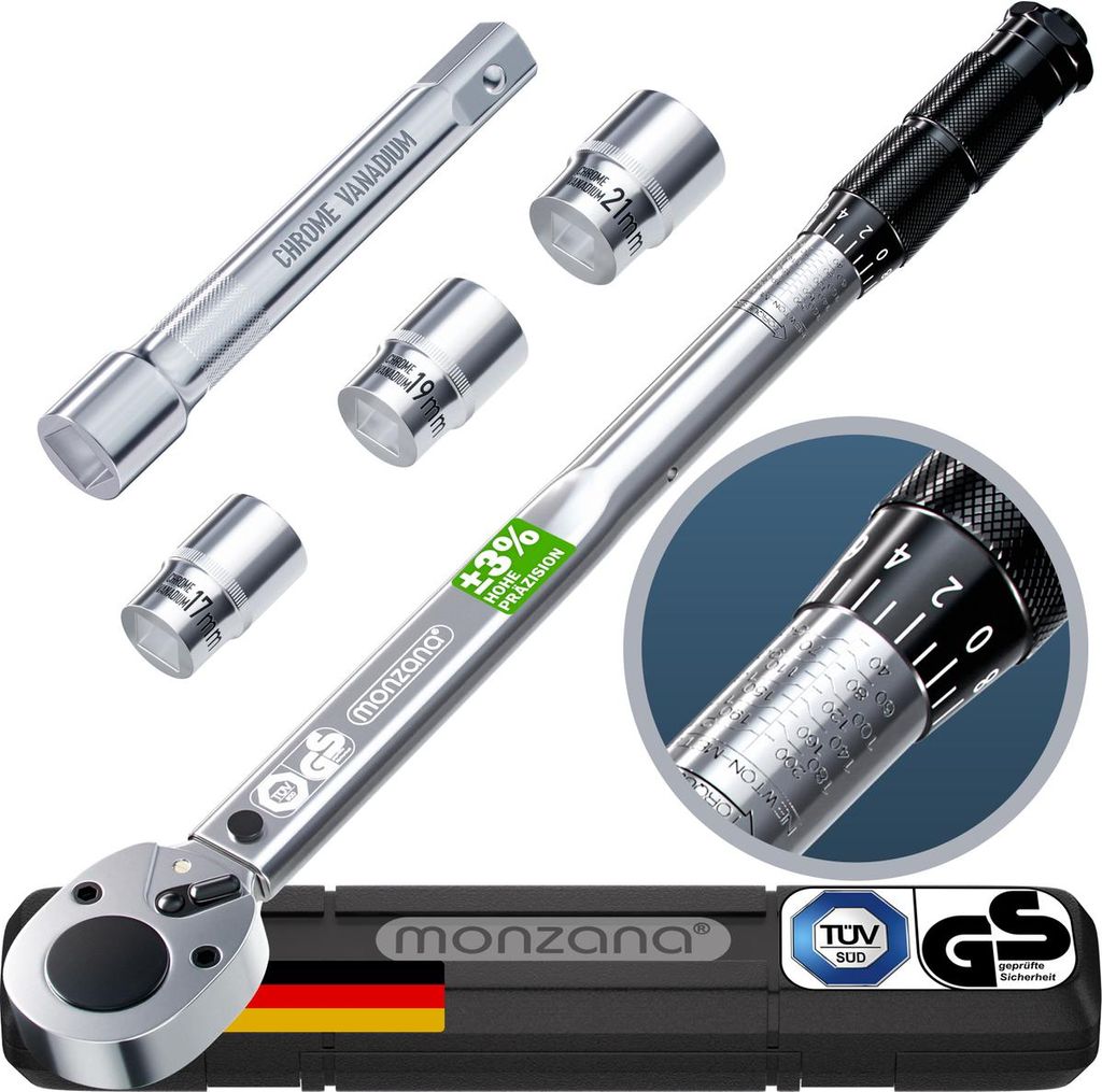 A torque wrench set with accessories and its case, presented on a white background.