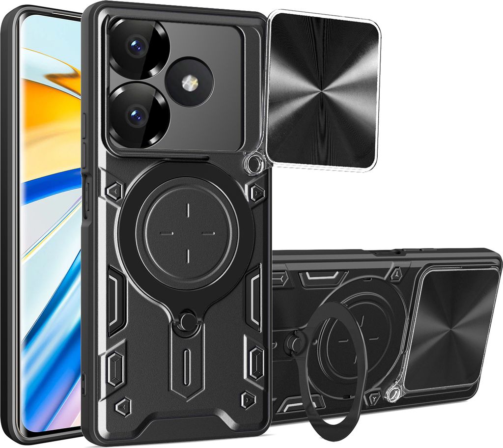 Handyhülle für Xiaomi Redmi 13 Dual-Layer Stoßfest Rüstung Hülle mit Dia Kameraschutz und Kreisförmig Ring Ständer Schwarz