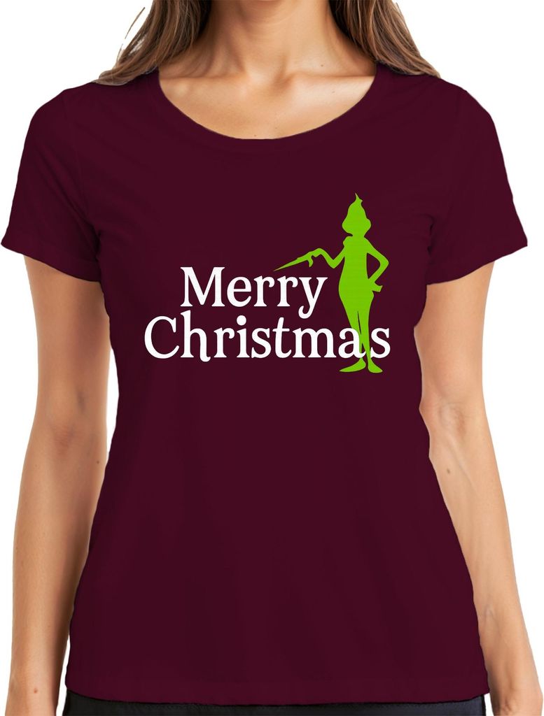 Merry Christmas grüne Silhouette weihnachtlich lustig Grinch Damen T-Shirt, Burgundy, XXL