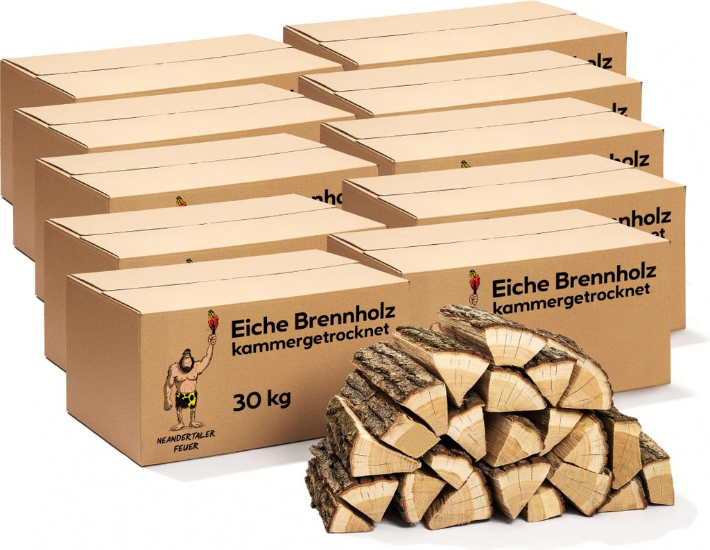 Neandertaler Feuer Brennholz Eichenholz Kaminholz - Grillholz 25 cm 300 kg | Hartholz Eichen Feuerholz | Holz für Grill Kamin Smoker Ofen | Firewood