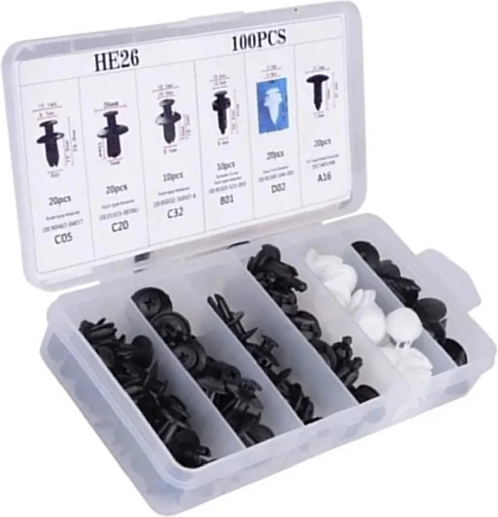 set di 100 clip di fissaggio per carrozzeria, misure multiple, nylon, rivetti universali a pressione per auto