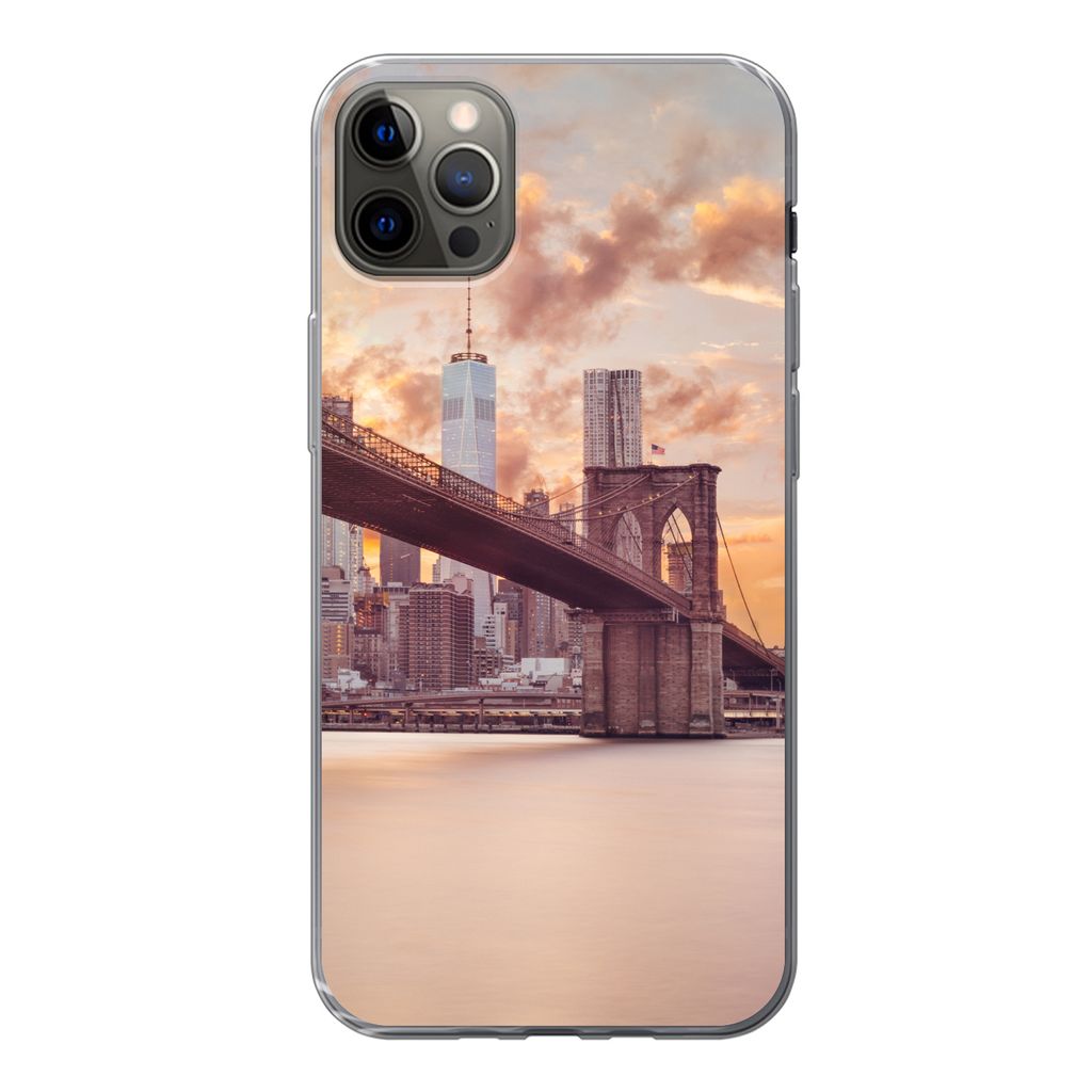 MuchoWow Handyhülle Schutzhülle Hülle für iPhone 12 Pro Max Brooklyn Bridge und die New Yorker Skyline bei Sonnenuntergang Silikon Softcase H...
