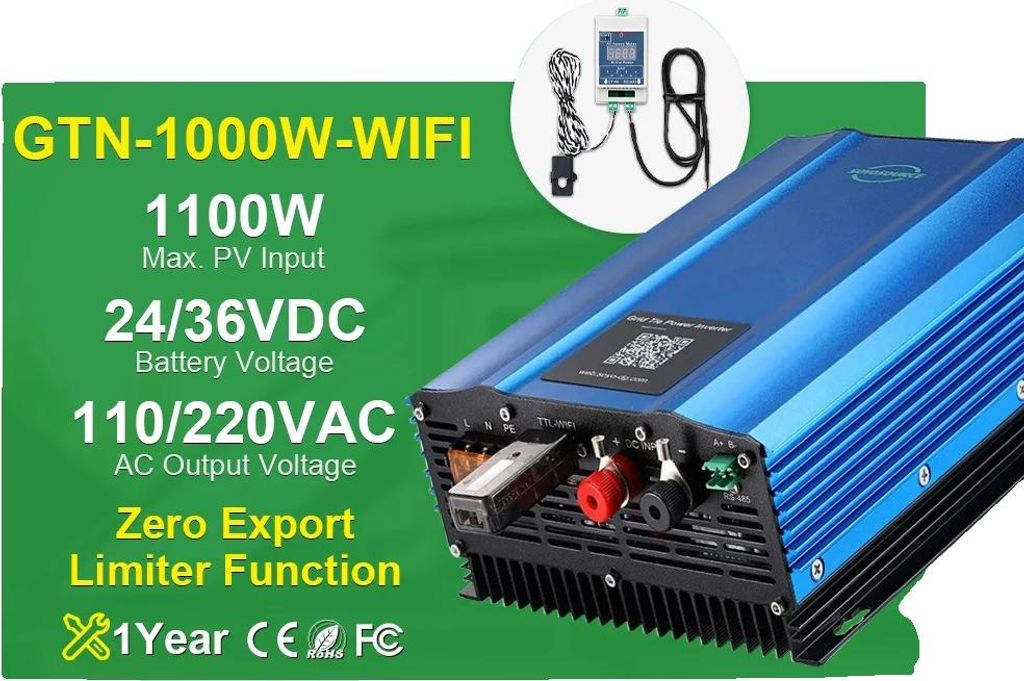 Solarwechselrichter, hohe Effizienz, intelligente Gerätefunktionalität, WIFI 1000W Begrenzer, 190-260V, PV26-45V(24V BAT)