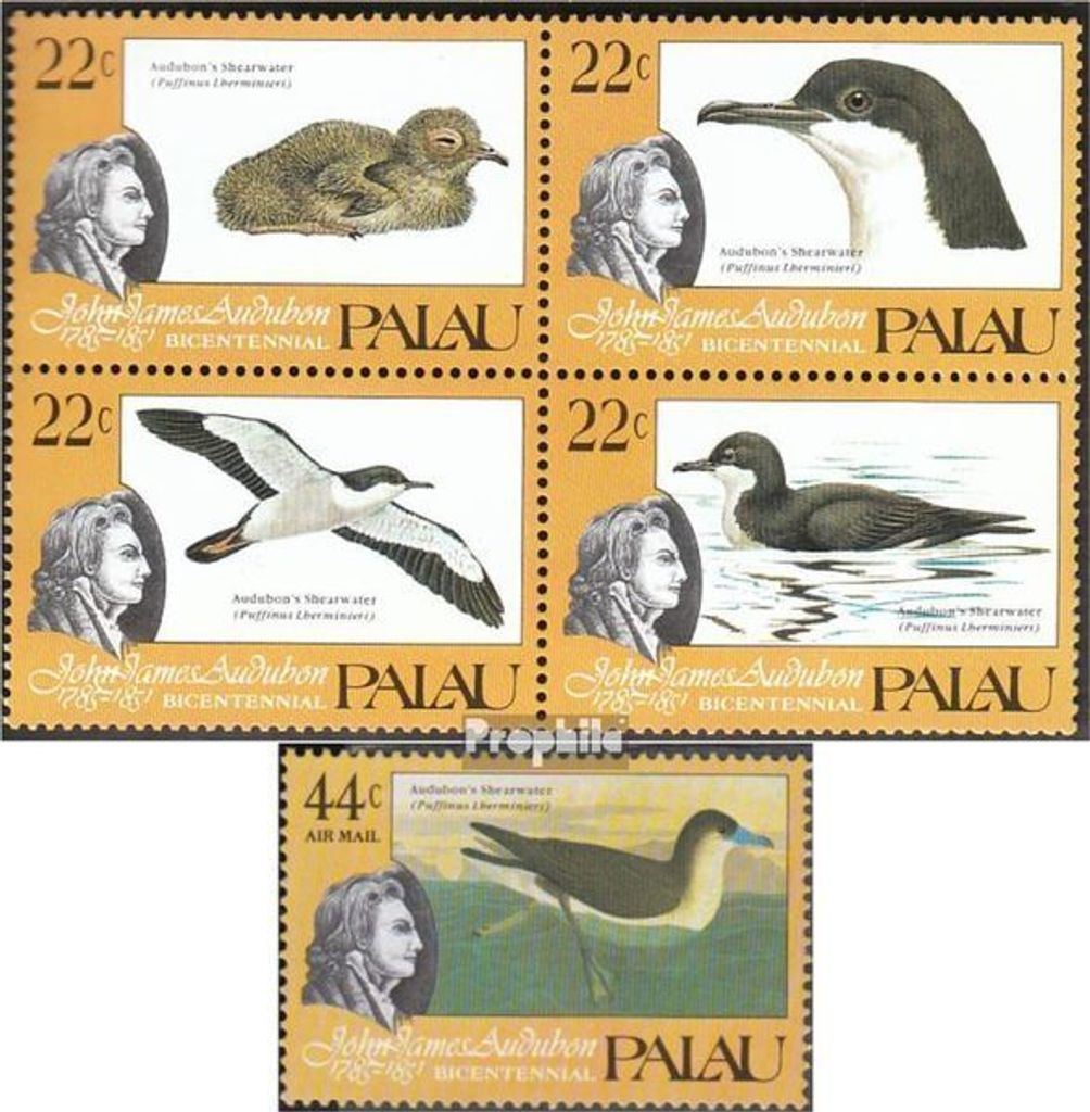 Briefmarken Palau-Inseln 1985 Mi 65-68 Viererblock,69 postfrisch John James Audubon