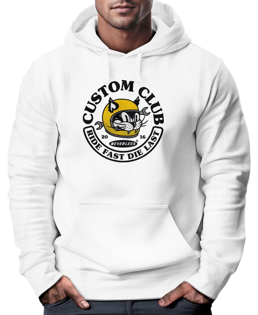 Hoodie Herren Print Biker Motiv Racing Cat Schriftzug Ride Fast Die Last Fashion Streetstyle Neverless weiß M