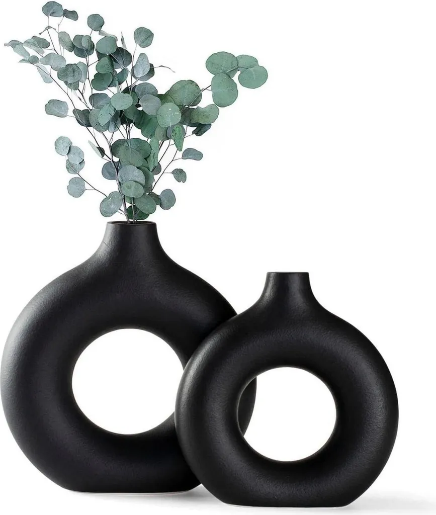 Vase Artisanal Noir Mat en Céramique Texture Granuleuse Set de Deux