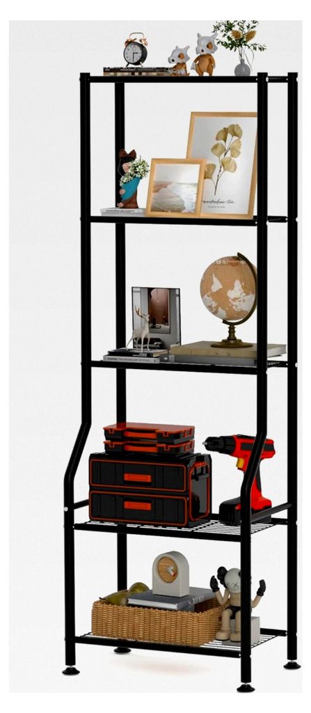 5-stöckiges schmales Regal, Tragfähigkeit 227 kg, Metallgitter mit Nivellierfüßen, rostbeständiger Organizer für kleine Räume, schwarz