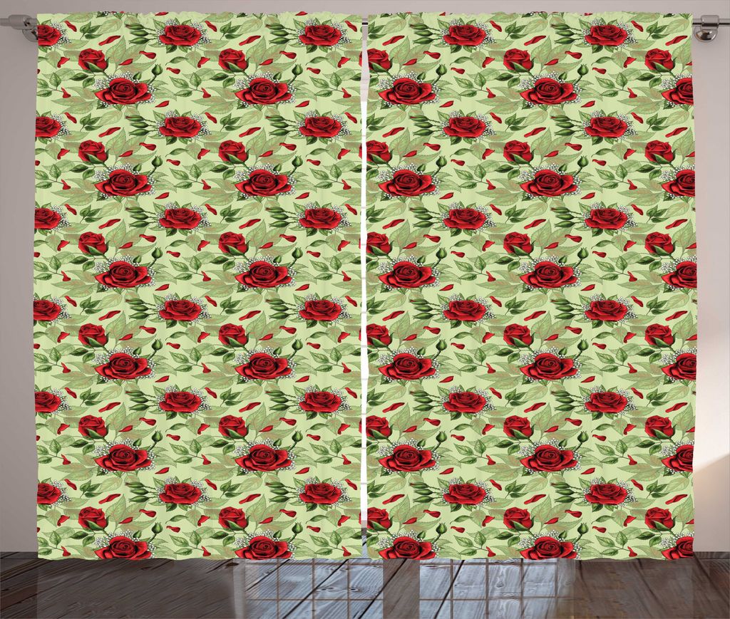 ABAKUHAUS Rosen Rustikaler Vorhang, Valentinstag Blumen Romantik, Wohnzimmer Universalband Gardinen mit Schlaufen und Haken, 280 x 175 cm, Hellgrü...