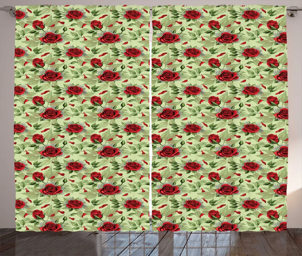 ABAKUHAUS Tenda rustica con rose, fiori romantici di San Valentino, tende universali per soggiorno con passanti e ganci, 280 x 175 cm, verde chiaro vermiglio