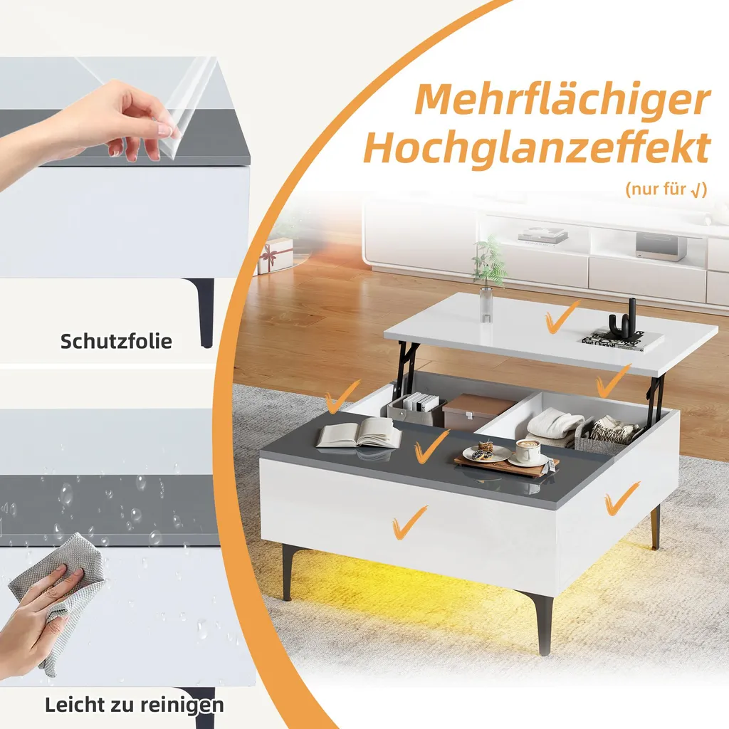 Table Basse Blanc Brillant 70cm Plateau Relevable et Eclairage App LED - 5