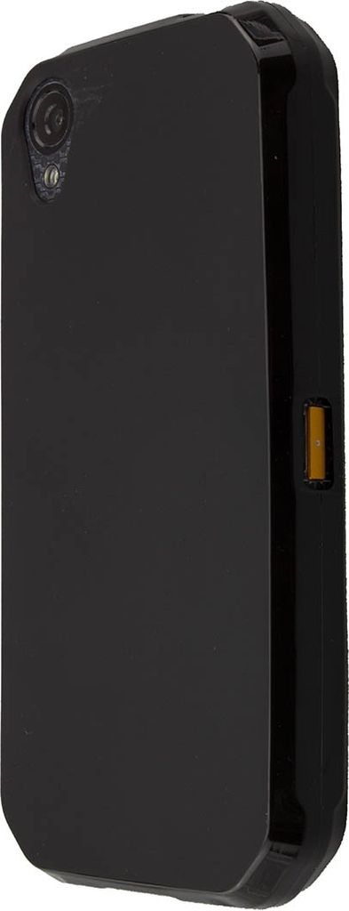 A black smartphone case is shown from a diagonal angle.