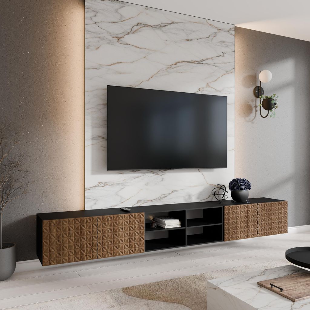 Moderner TV-Schrank 300 cm fürs Wohnzimmer CARO, 4-türiger TV-Schrank ohne Füße, Modischer Schrank mit Frontmuster mit offenen Fächern, Farbe:...