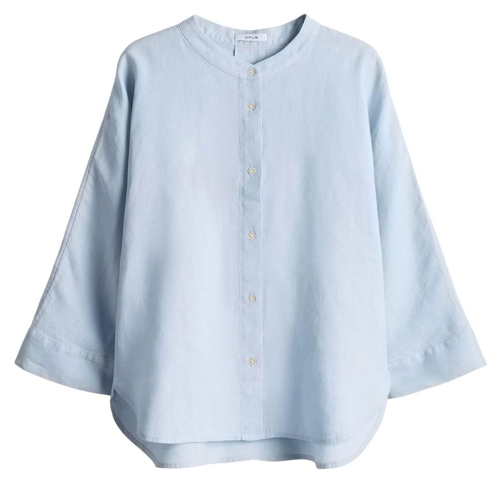 Opus Fulis Leichte Damen Bluse, locker fallend, Blau, Größe 40, Rundhalsausschnitt, Knopfleiste, lange Ärmel
