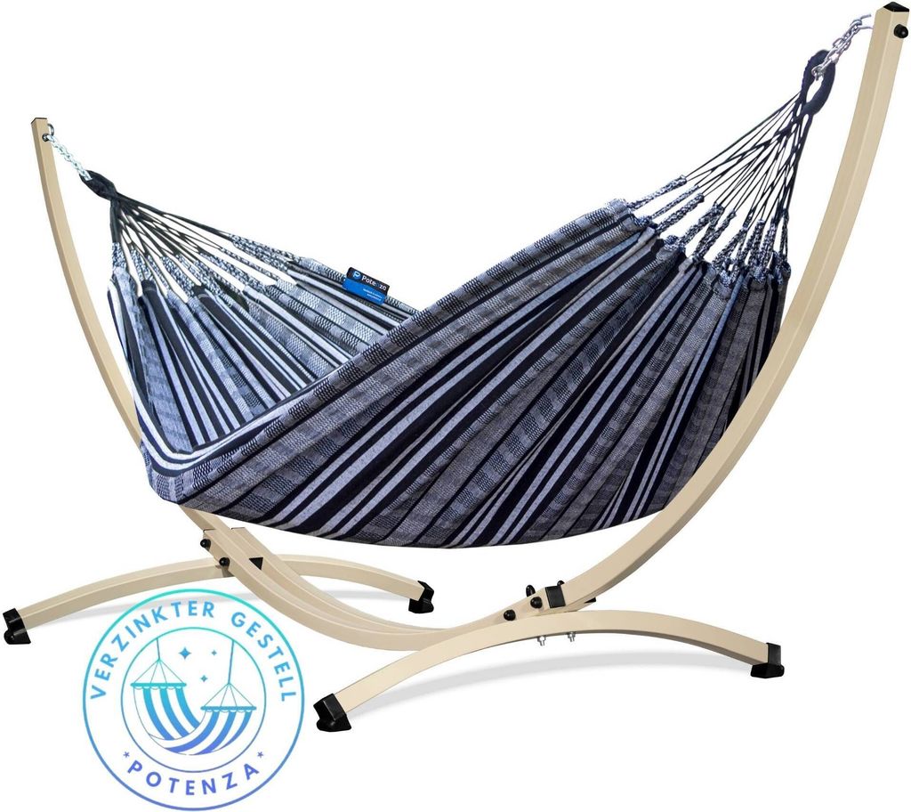 Potenza Outdoor Hängematte mit Verzinkter Gestell für 2 Personen I 100% Baumwolle Pereira Doppelhängematte 220x140 cm, 160kg I Ecru Hängematten...