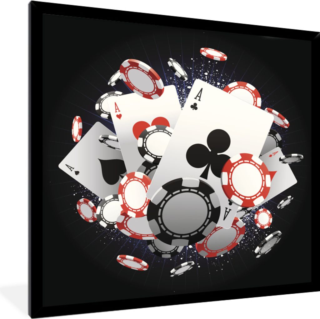 MuchoWow MuchoWow Gerahmtes Poster Explosion von Spielkarten und Pokerchips 40x40 cm - Poster mit zchwarzem Bilderrahmen - Mit Rahmen - Wanddek...