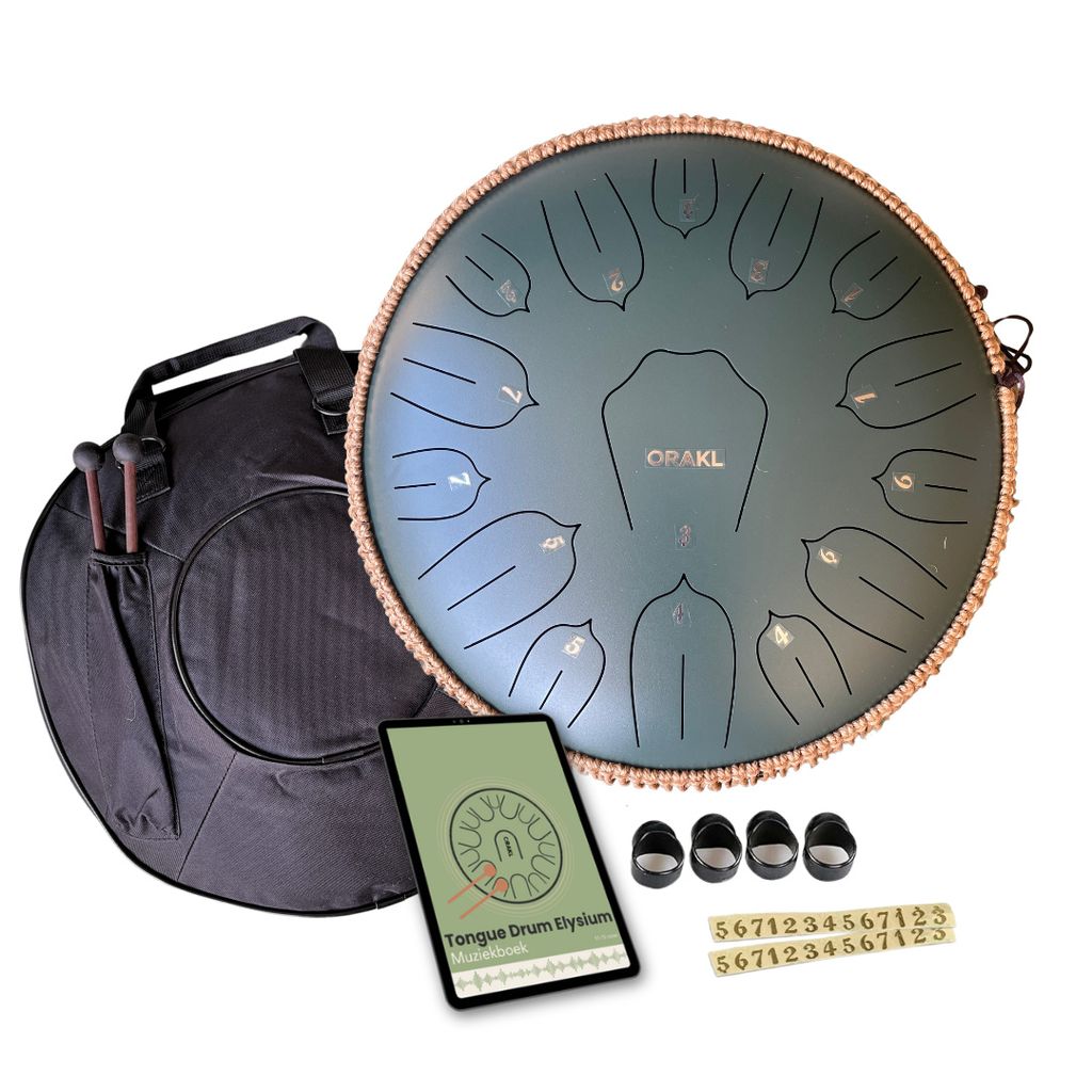 Orakl - Steel Tongue Drum Elyisium waldgrün - Handpfanne ø 35 cm - Inklusive Lehrbuch - Zungentrommel - Regentrommel - Klangschale