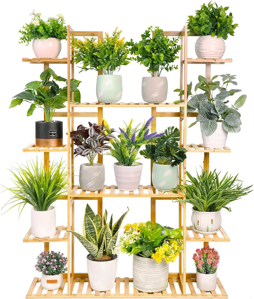 Gagnez de la place avec cette étagère plantes bambou 9 niveaux champagne