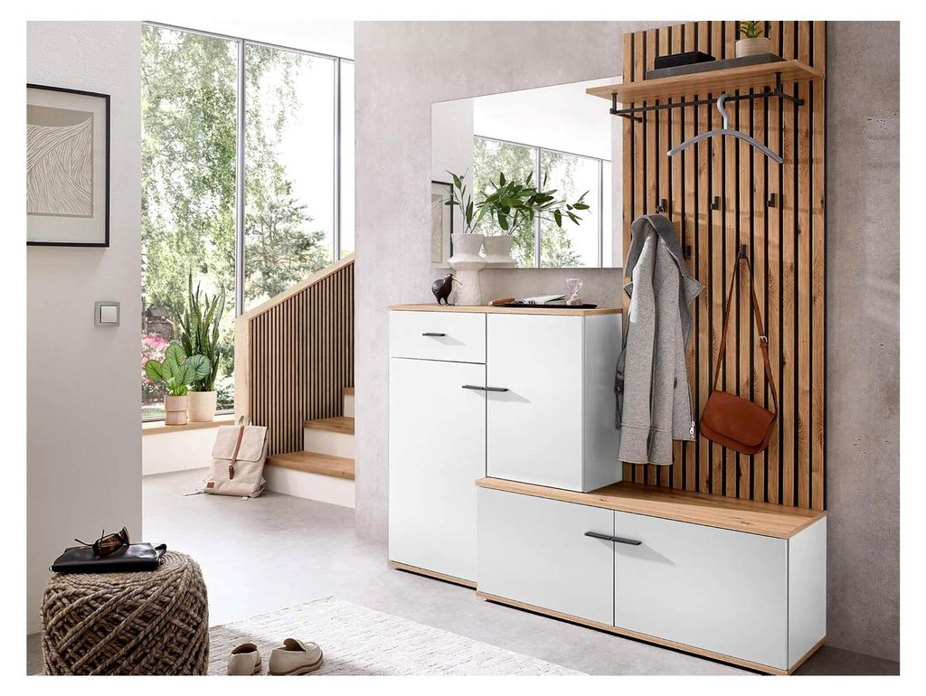 Garderoben-Set Como Flurgarderobe Wandgarderobe Paneel mit Schuhschrank und Spiegel in Weiß/Artisan Eiche Nb.