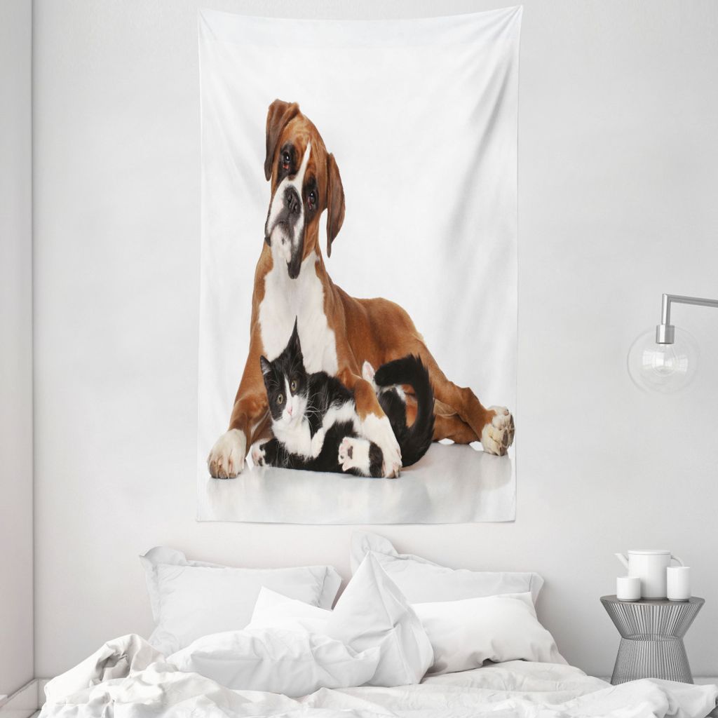 ABAKUHAUS Tier Wandteppich und Tagesdecke, Katze Hund Freunde Portrait aus Weiches Mikrofaser Stoff Waschbar ohne Verblassen Digitaldruck, 140 x 23...