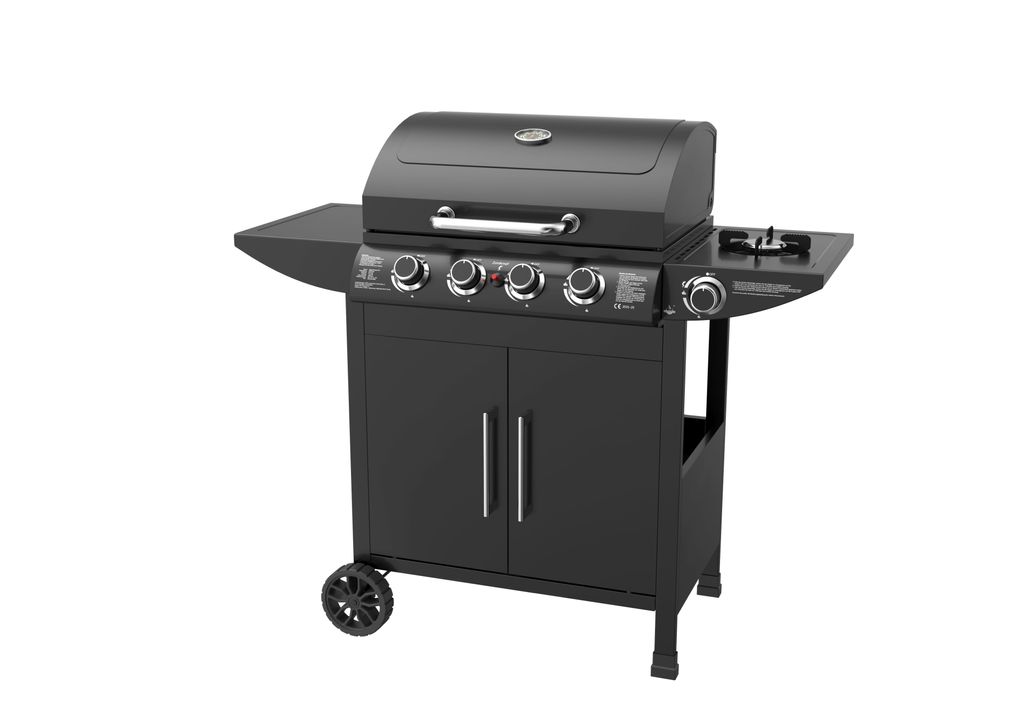 A black gas grill is shown against a white background.