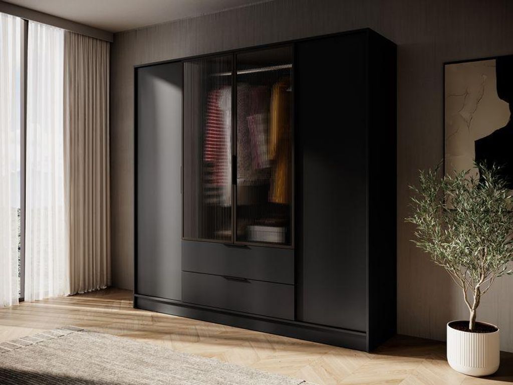 Kleiderschrank – KELLY 4D RM – 206 cm – Schwarz – Kleiderbügel – Aluminiumrahmen – Glaselemente – Modernes Design für Schlafzimmer
