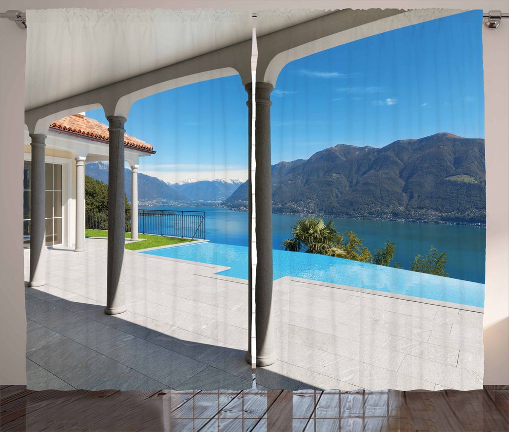 ABAKUHAUS Italien Rustikaler Gardine, Lago Maggiore Alpen Blick, Schlafzimmer Kräuselband Vorhang mit Schlaufen und Haken, 280 x 175 cm, Türkis G...