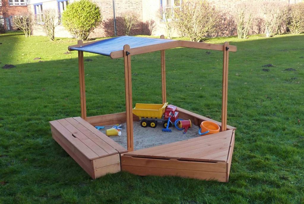 Sandkasten 'MULTI' + Bug-/Sitzbox + Sonnendach Promadino Holz Sand Spiel Garten