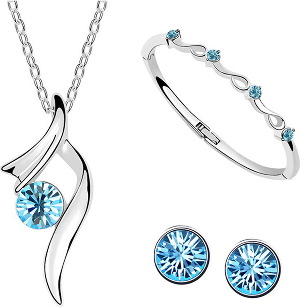 Brautschmuck-Set, versilberte Halskette, Ohrringe, Armband mit Strass-Intarsien-Hellblau