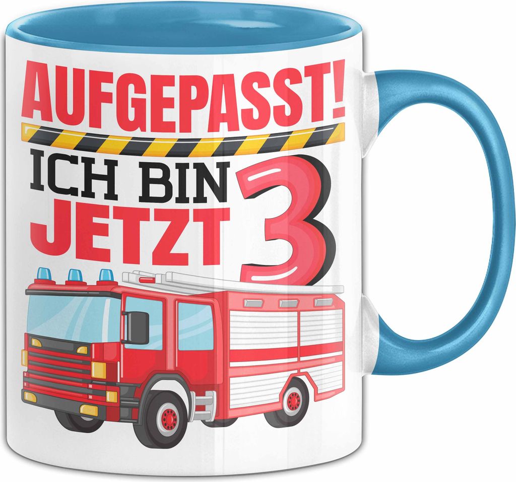 3. Geburtstag Geschenk Tasse Becher Jungs Feuerwehr Aufgepasst Ich Bin Jetzt 3 (Blau)