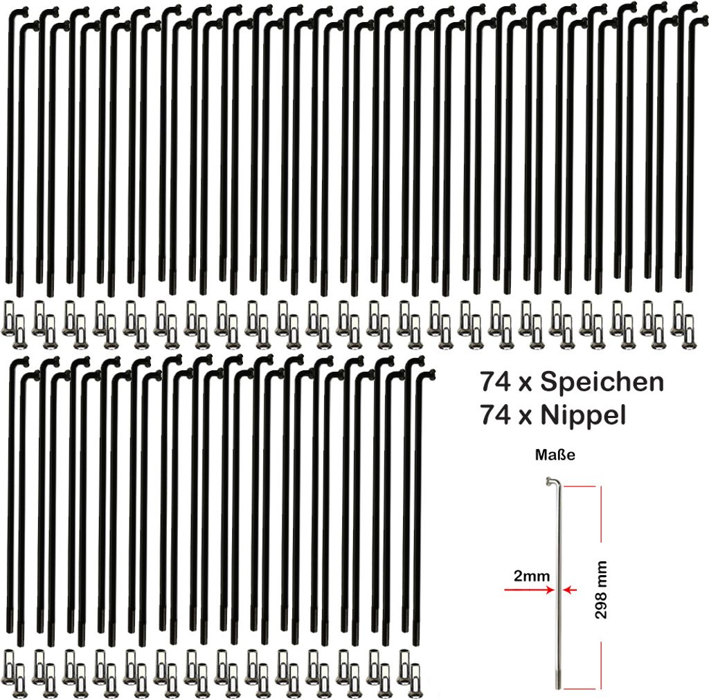 74 Stück Speichen 298mm Spokes schwarz VERZINKT 2mm inkl. Messing Speichennippel