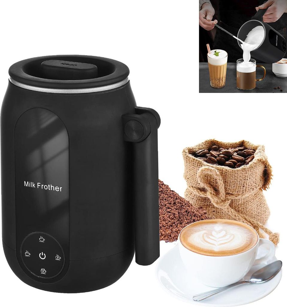Elektrischer Milchaufschäumer 4-in-1, 450ml, heiß & kalt, für Cappuccino, Latte Macchiato, Macchiato & Kakao, LED, rutschfest, leise