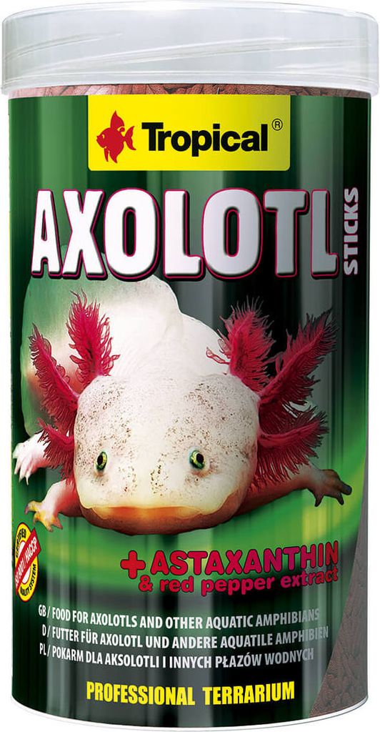 A product container for Tropical Axolotl Sticks.