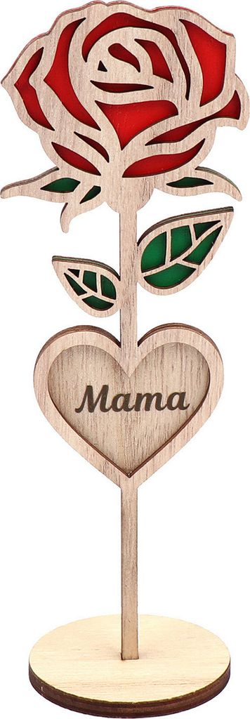 Holz-Mama-Rose-Dekoration mit stabilem runden Sockel, 3D-geschnitzte Rose aus Holz, Schreibtisch-Ornament, romantisches Muttertagsgeschenk