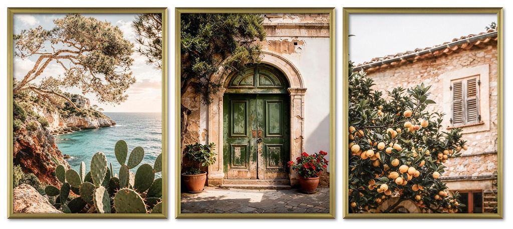 ARTFAVES Poster Set - La Dulce Vida Española Trio I mehrteilige Bilderwand für Wohnzimmer, Schlafzimmer I Wandbilder Sommer I mit Rahmen Gold
