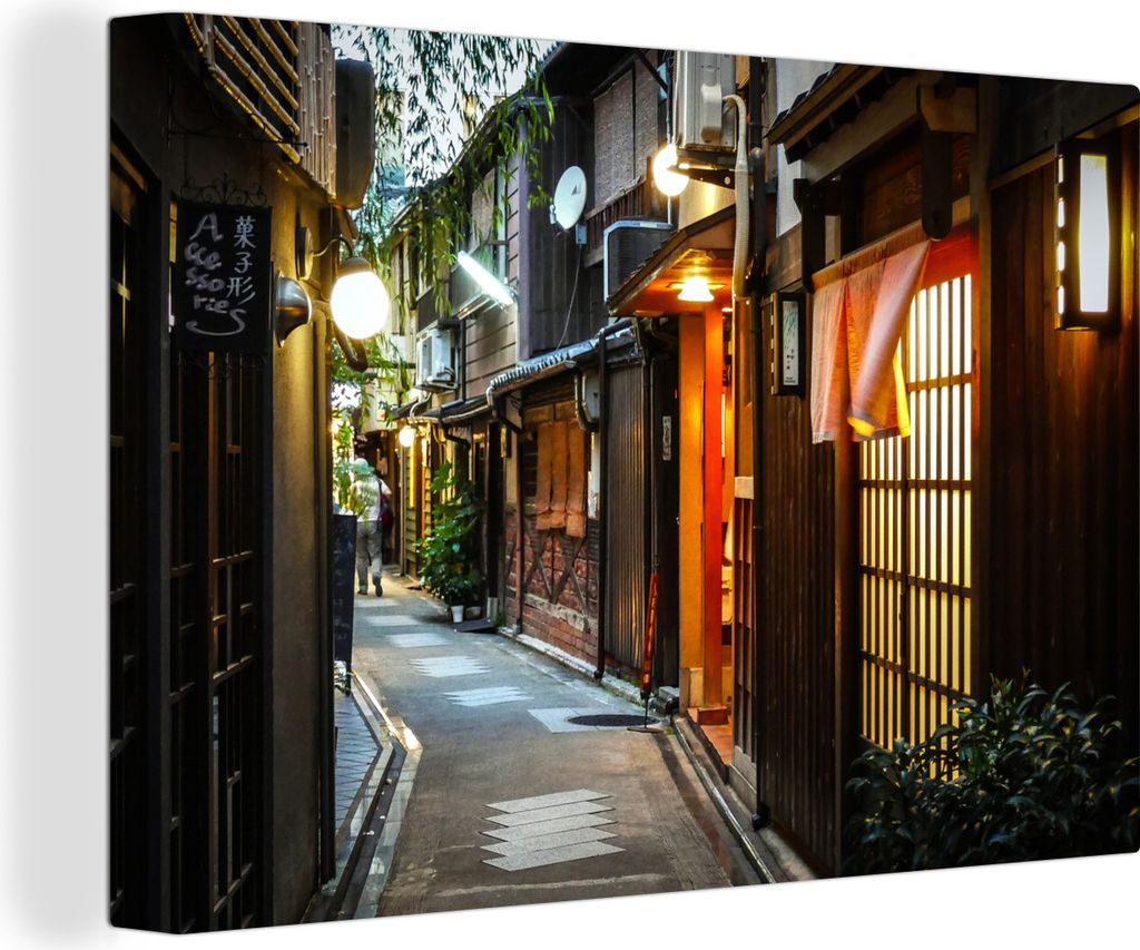 OneMillionCanvasses - Leinwandbilder - 140x90 cm, Eine beleuchtete japanische Gasse in der Stadt Kyoto, Wandbilder Kunstdruck Wanddekoration - Fo...