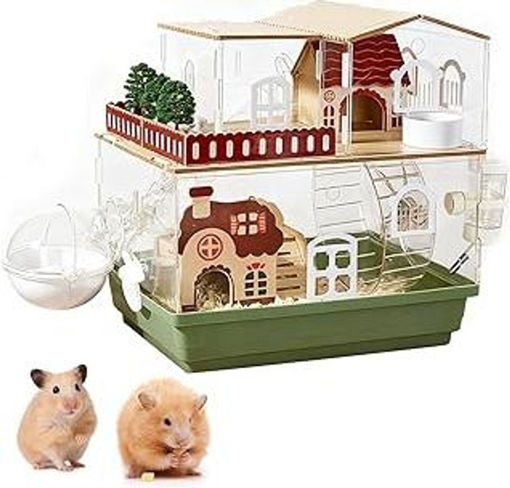 12-in-1 Acryl-Hamsterkäfig im Gartendesign 35 × 26 × 37 cm – Transparent, Mehrstöckig, inkl. Holzvilla, Laufrad, Tunnel, Trinkflasche, Badeh...