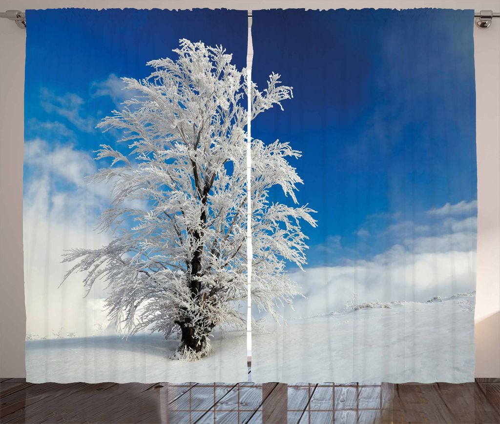 ABAKUHAUS Winter Rustikaler Vorhang, Einsamer Baum Rural Land, Wohnzimmer Universalband Gardinen mit Schlaufen und Haken, 280 x 175 cm, Blau Weiss
