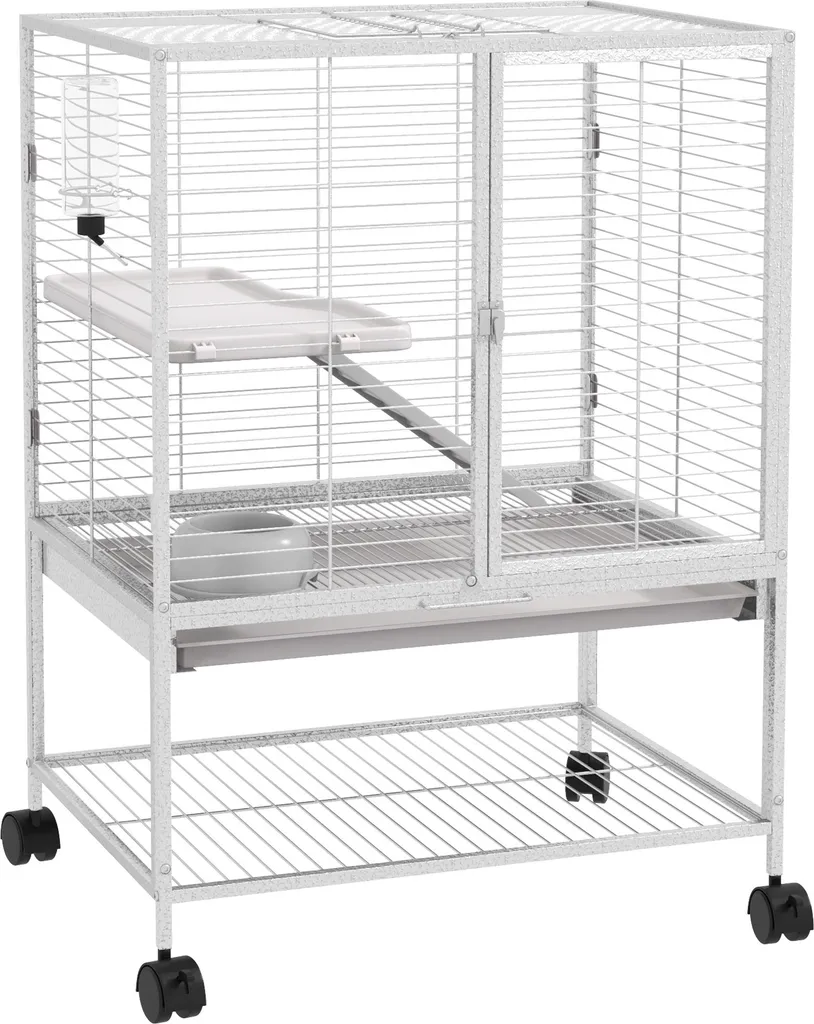 Cage rongeur 2 niveaux avec rampe et étagère de rangement métal gris