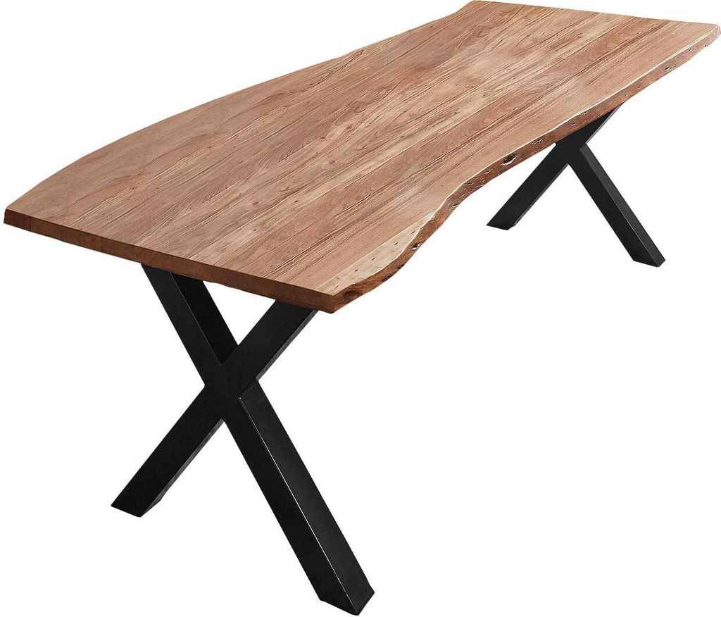 Esszimmertisch 240x100 cm Xanten, Baumkantentisch naturfarben, Akazienholz massiv, X-Gestell aus Metall schwarz