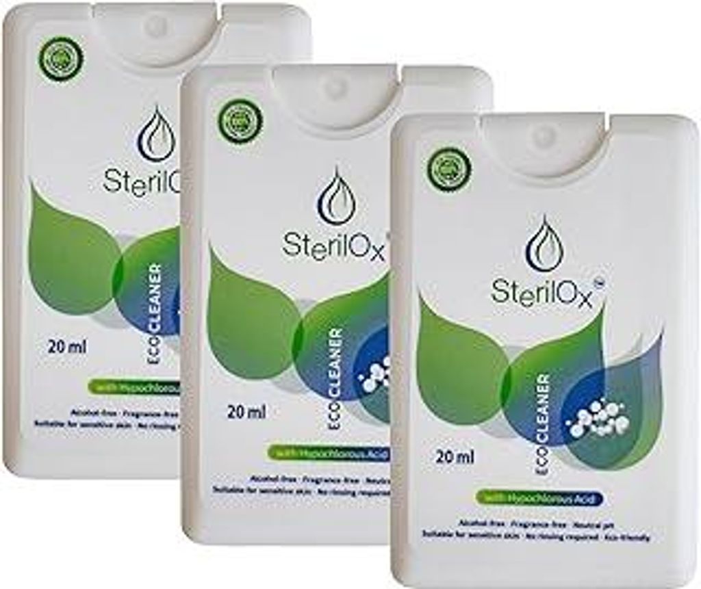 3 × 20 ml – Hygiene-Spray auf Basis von Hypochlorsäure (HOCl), ohne Alkohol, zur Handreinigung und Zubehör, Mini-Pack für Zuhause und Reisen