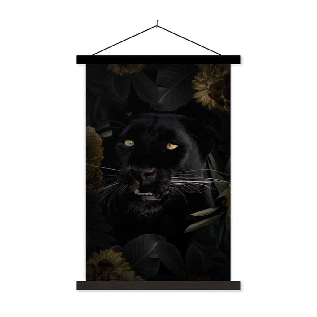 MuchoWow Textilposter Panther - Schwarz - Blumen 120x180 cm mit schwarzem Rahmen - Fotos