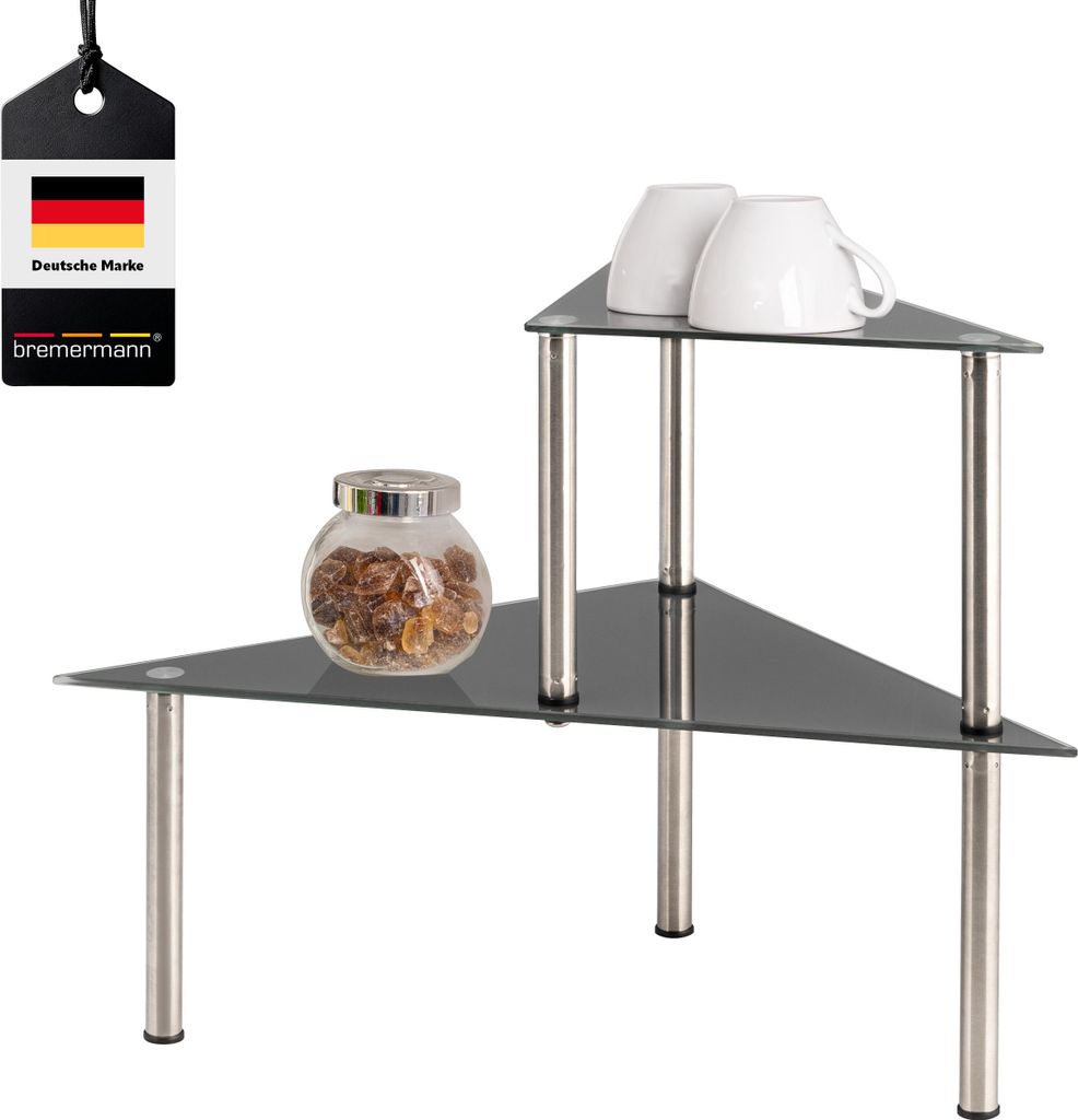 bremermann Glas-Eckregal, Küchenregal mit Glasplatten und Edelstahlfüßen, grau