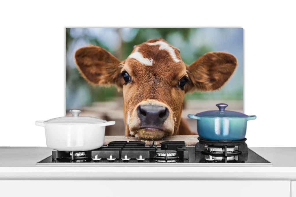 KitchenYeah Spritzschutz Küche - Küchenrückwand - Wandschutz für Herd und Spüle - Ein Kalb lehnt seinen Kopf an einen Holzbalken 70x50 - Al...